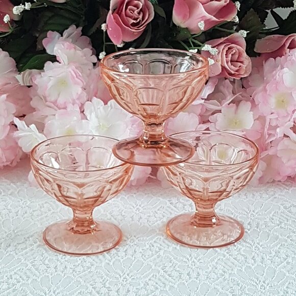3pc Hazel Atlas Colonial Block Pink Depression Glass Champagne Sherbet Glass - Picture 1 of 9